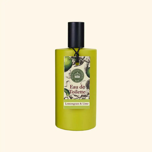 The English Soap Co. Kew Gardens Lemongrass and Lime Eau de Toilette comes in a green bottle with a black cap and botanical label, offering a refreshing vegan-friendly lemongrass and lime scent.
