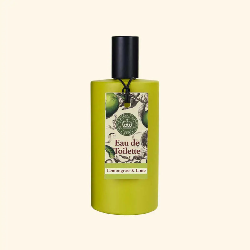 The English Soap Co. Kew Gardens Lemongrass and Lime Eau de Toilette comes in a green bottle with a black cap and botanical label, offering a refreshing vegan-friendly lemongrass and lime scent.