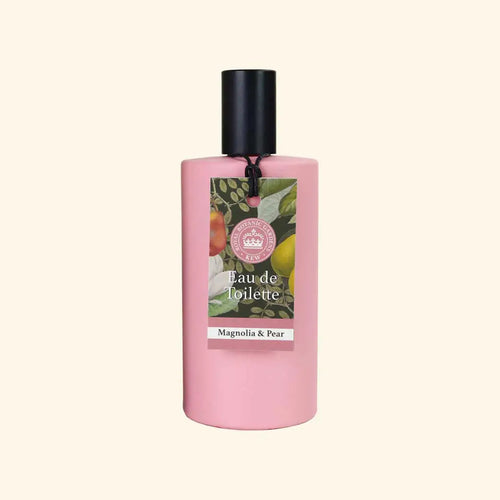 The English Soap Co. Kew Gardens Magnolia and Pear Eau de Toilette is a pink vegan fragrance with a black cap, featuring a magnolia and pear label. Inspired by Kew Gardens, it offers elegant, fresh floral notes.