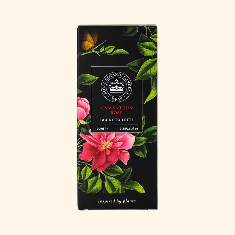 A rectangular box of The English Soap Co. Kew Gardens Osmanthus Rose Eau de Toilette, decorated with vibrant pink flowers and green leaves on black, highlights the vegan scent and states "Inspired by plants.