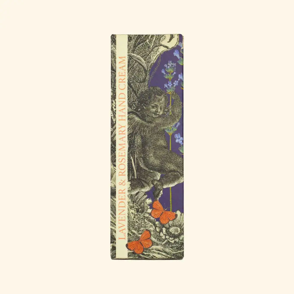 A rectangular box labeled "The English Soap Co. Kew Gardens Lavender and Rosemary Hand Cream" displays a bear climbing a tree, purple flowers, and orange butterflies on beige—an elegant hand cream that delights the senses.