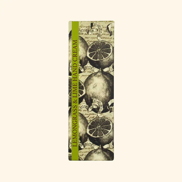 A rectangular box featuring lemons and limes, ideal for gifting The English Soap Co. Kew Gardens Lemongrass and Lime Hand Cream, a refreshing English hand cream.