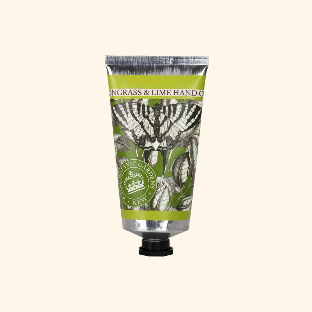 The English Soap Co. Kew Gardens Lemongrass and Lime Hand Cream features botanical artwork with green leaves, a butterfly, a cruelty-free seal, a black cap, and a fresh nature-inspired design.