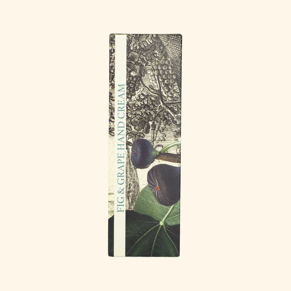 The English Soap Co. Kew Gardens Fig and Grape Hand Cream comes in a rectangular box adorned with fig, grape, and leaf illustrations on a light background, showcasing British craftsmanship.