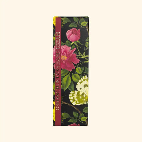 A rectangular box with pink roses and a yellow-green butterfly on black, labeled "The English Soap Co. Kew Gardens Osmanthus Rose Hand Cream" in gold on a vertical red stripe—luxury hand cream by The English Soap Co.