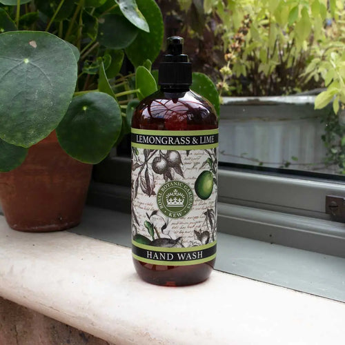 A bottle of The English Soap Co. Kew Gardens Lemongrass and Lime Hand Wash rests on the windowsill next to a potted plant, its botanical label echoing the greenery outside.