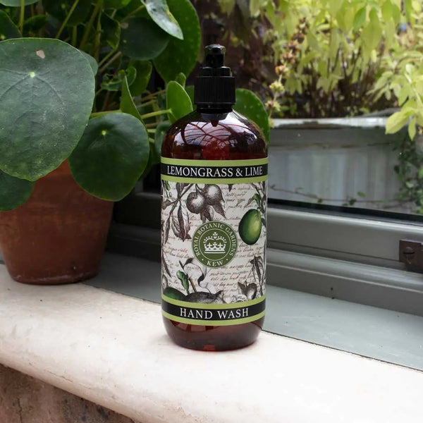 A bottle of The English Soap Co. Kew Gardens Lemongrass and Lime Hand Wash rests on the windowsill next to a potted plant, its botanical label echoing the greenery outside.