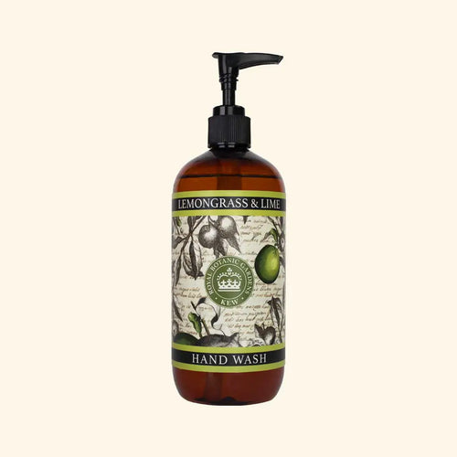 The English Soap Co. Kew Gardens Lemongrass and Lime Hand Wash is a vegan hand soap in a brown pump bottle with botanical illustrations, set against a light beige background.
