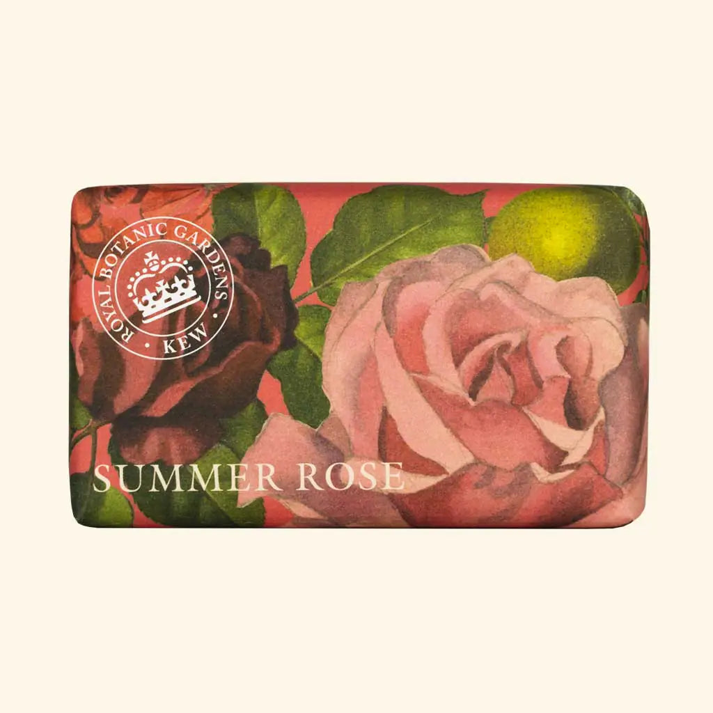 The English Soap Co. Kew Gardens Summer Rose Soap is a rectangular bar wrapped in floral packaging with pink and red roses, labeled "ROYAL BOTANIC GARDENS KEW" and "SUMMER ROSE" on this cruelty-free soap.