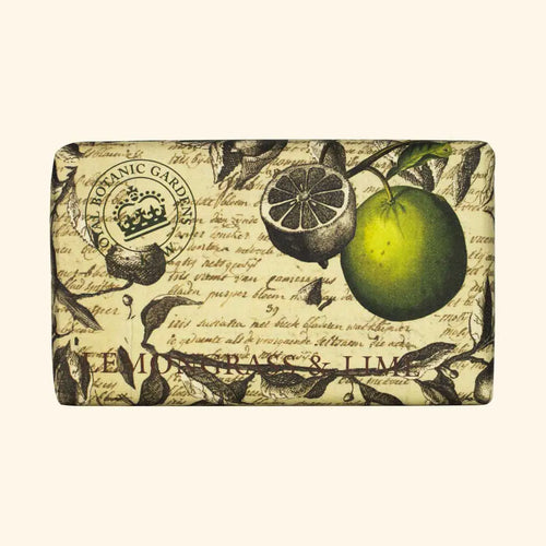 The English Soap Co. Kew Gardens Lemongrass & Lime Soap is a vegan rectangular bar with vintage botanical art, featuring lime and leaves. "Lemongrass & Lime" appears above the Royal Botanic Gardens seal—an elegant choice for any collection.