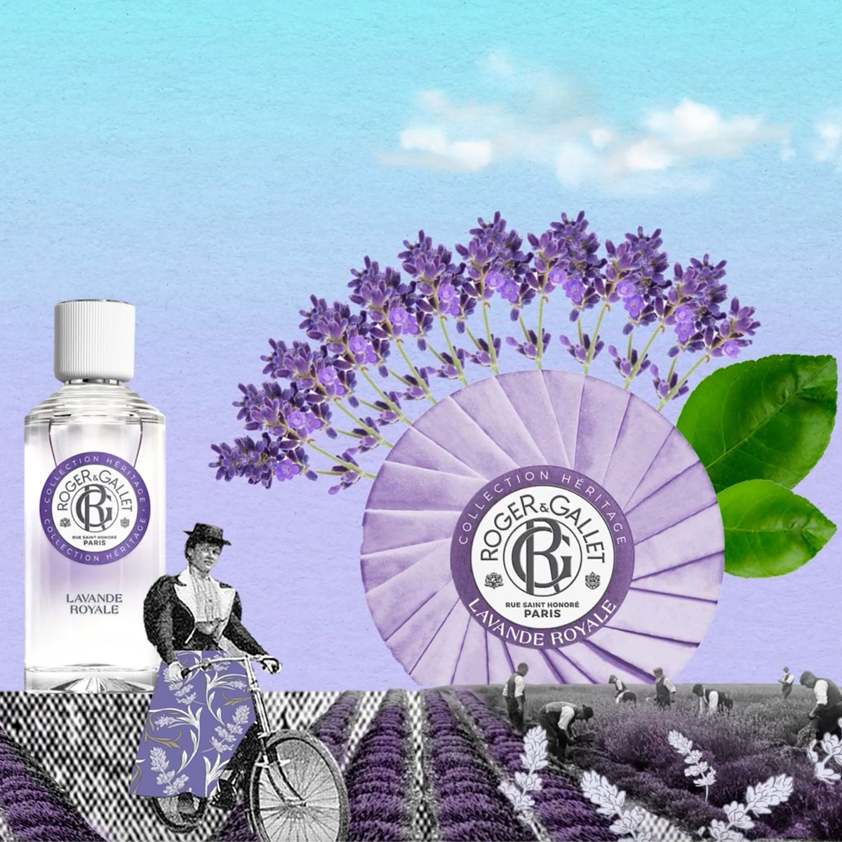 A square soap packaging for Roger & Gallet Royal Lavender - Wellbeing Soap - 3.5 oz with a purple and white color scheme and a detailed black and white seal at the center indicating it is made in France, infused with lavender essential