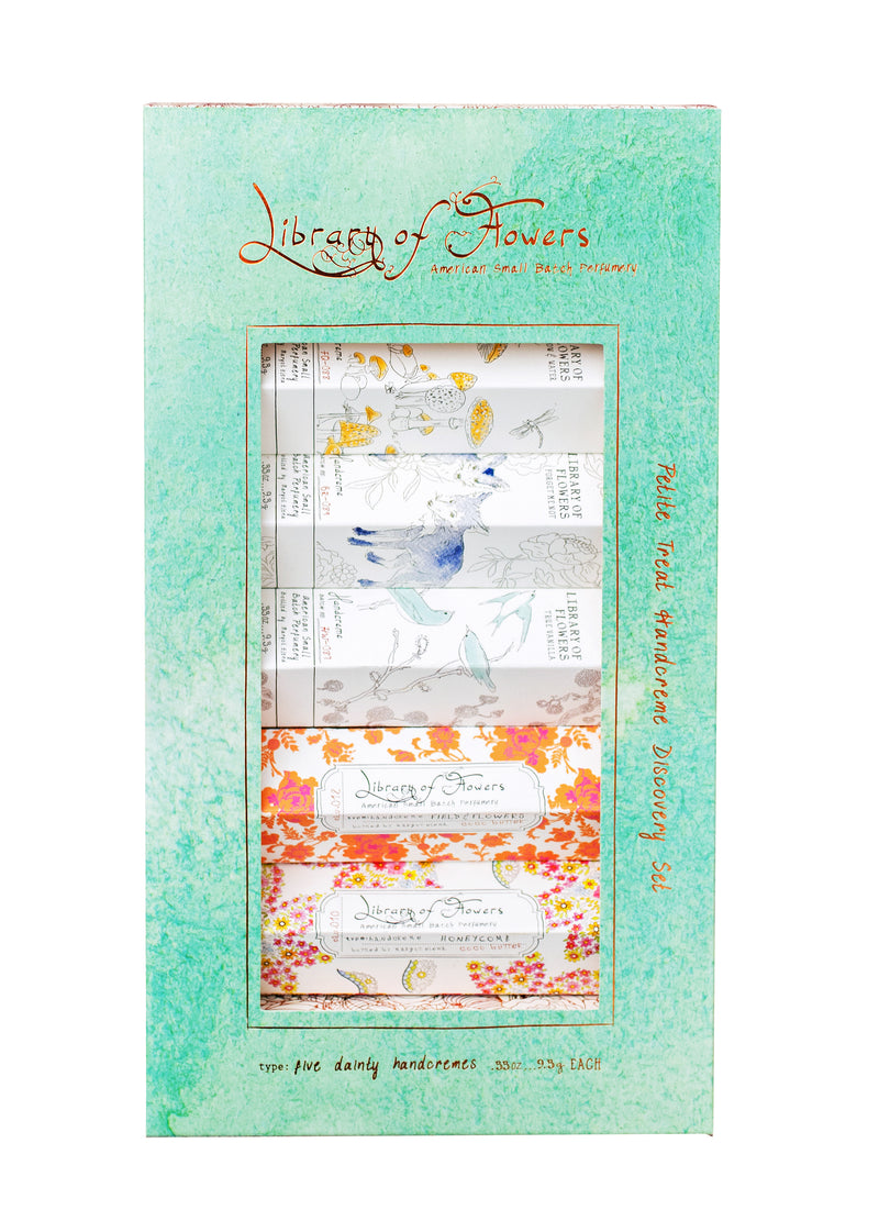 A book cover titled "Library of Flowers Petite Treat Handcreme Discovery Set" by Margot Elena with an artistic floral design, unique fragrance illustrations of birds. The cover has mint green textured borders and elegant golden text accents.