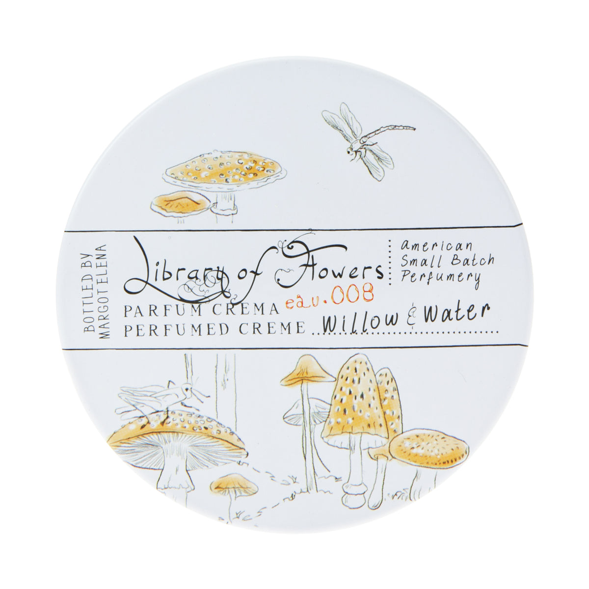 A round container of Library of Flowers Willow & Water Parfum Crema by Margot Elena featuring delicate sketches of mushrooms and a dragonfly on a white background.