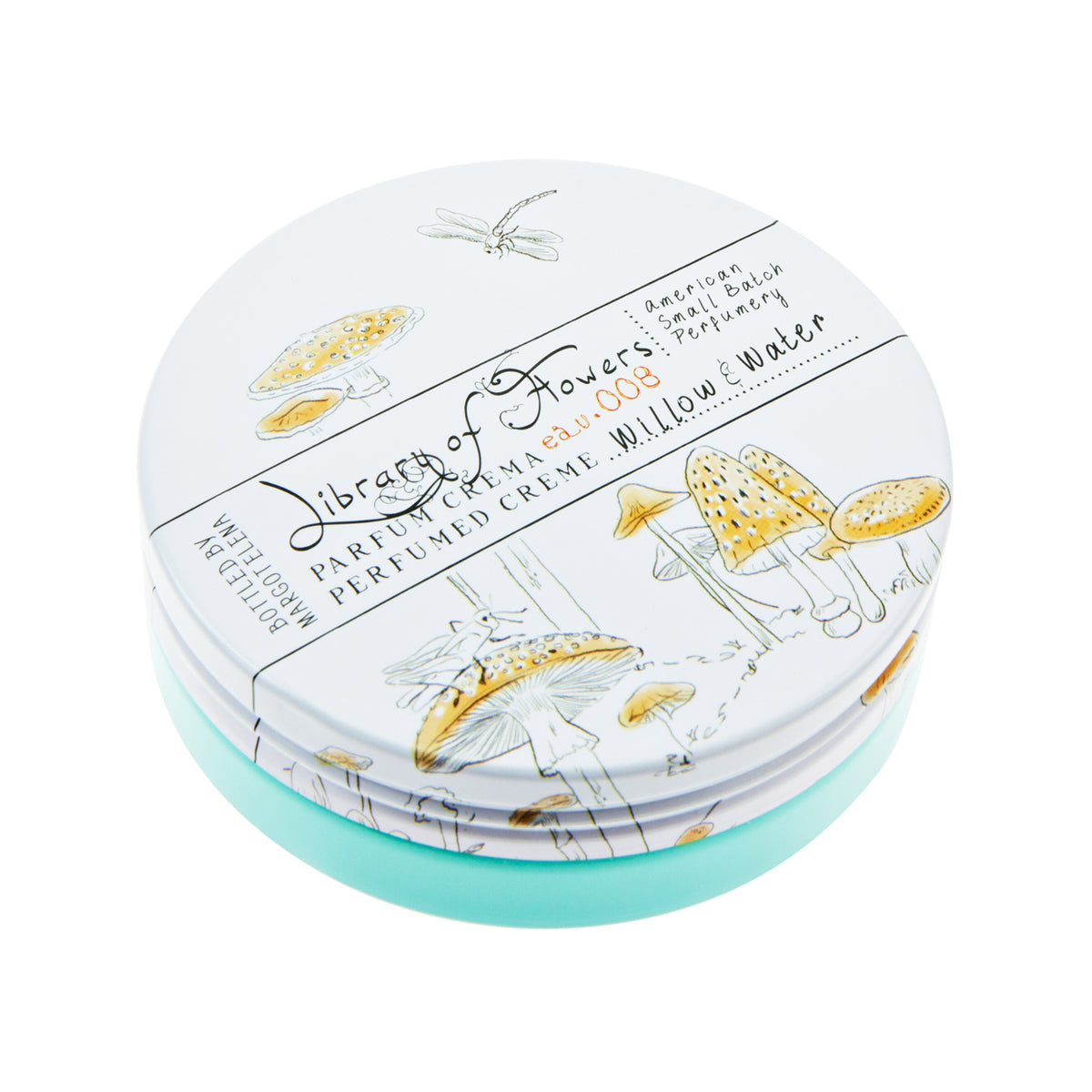 A round, decorative tin of moisturizing Willow & Water Parfum Crema labeled "Margot Elena" with sketches of mushrooms, a butterfly, and plants on a white background.
