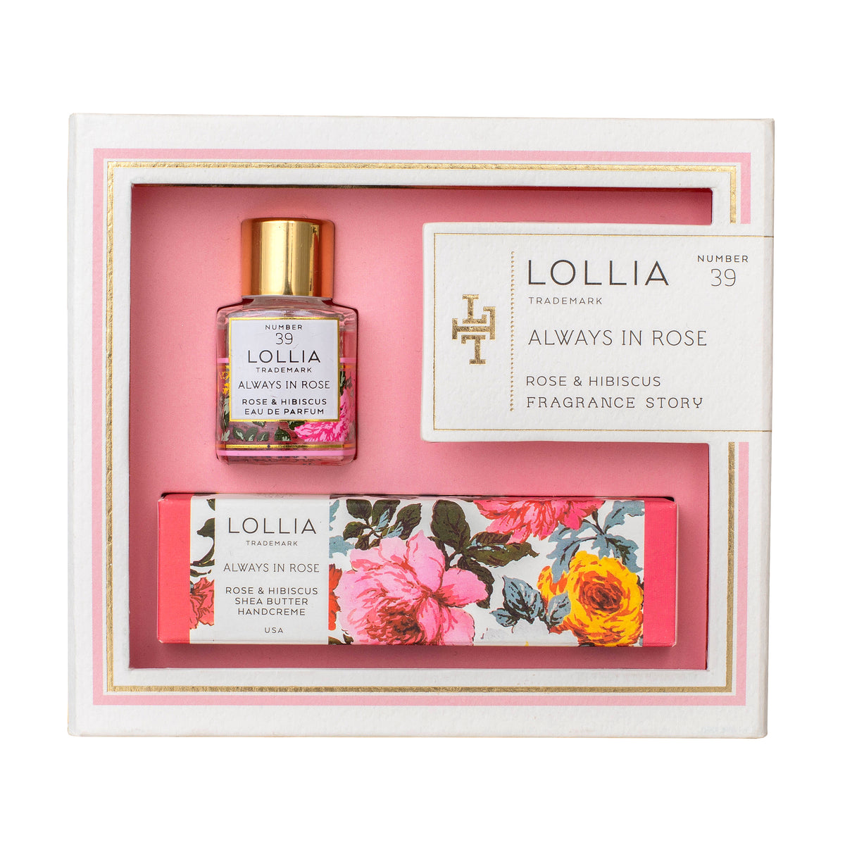 The Lollia Always in Rose Fragrance Story Gift Set by Margot Elena features a bottle of rose & hibiscus eau de parfum and a tube of luxurious shea butter handcreme, all packaged with floral designs and a pink border.