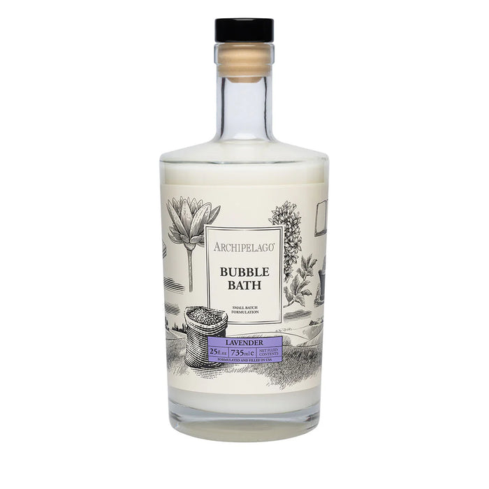 A clear glass bottle of Archipelago Botanicals Lavender 25 oz. Luxury Bubble Bath features vintage botanical art, a cork stopper, and a soothing lavender aroma from Archipelago Botanicals.