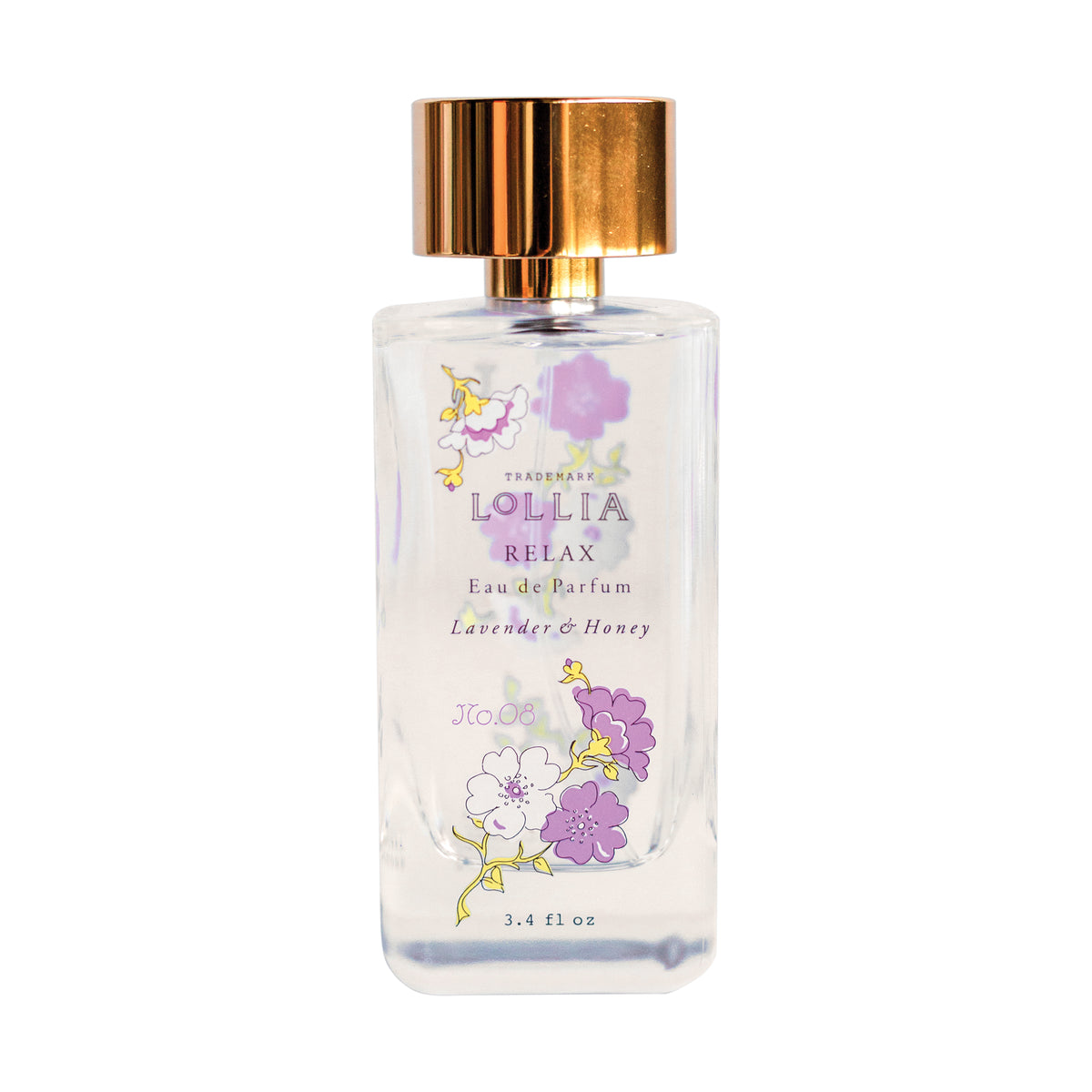 A 3.4 fl oz clear glass bottle of Margot Elena’s Lollia Relax Eau de Parfum, labeled “No. 08,” features lavender and Tahitian vanilla scents, a gold cap, and purple and white floral designs.