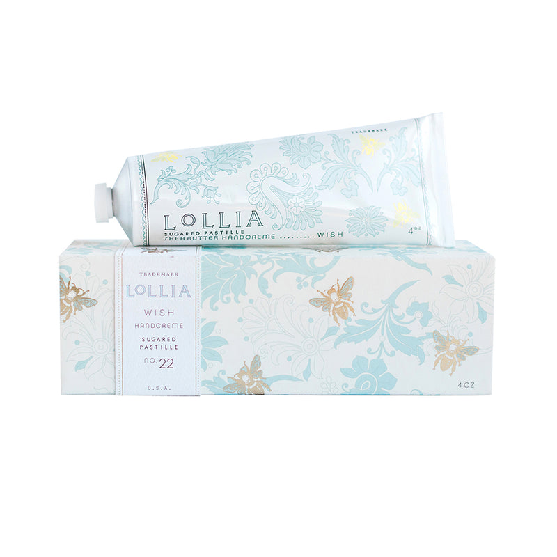 The Fast Bundle Lolia Wish Parfum Bundle features a tube of shea butter handcream (4 oz) atop its matching decorative box with light blue floral designs, gold accents, and descriptive text.