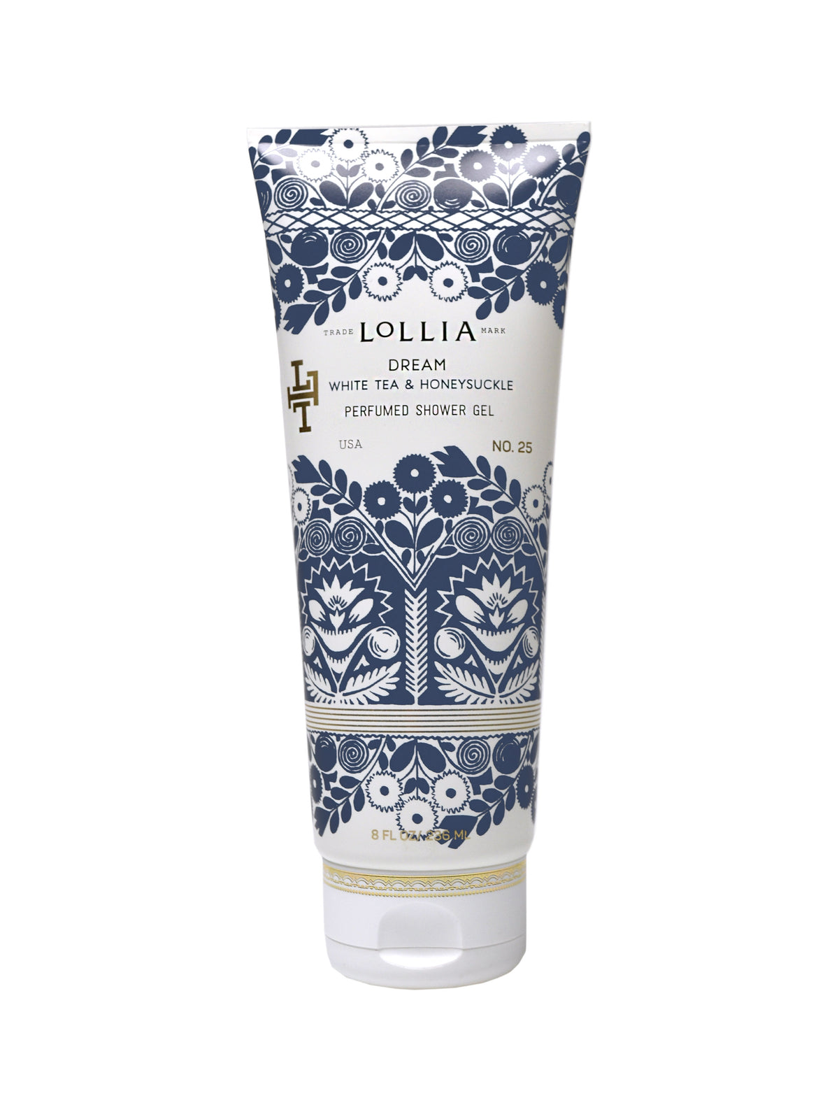 A tube of Margot Elena Lollia Dream Shower Gel with white tea and honeysuckle, in a blue and white floral patterned package with gold accents.