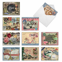 The Best Card Co. All Occasion Boxed Note Cards – Papiers De Paris features 10 vintage-style Paris postcards with charming illustrations and French text, perfect for notes or correspondence, each with an envelope included at the top right.