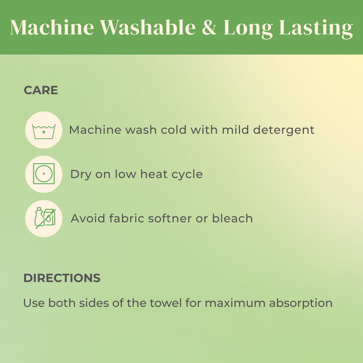 Instructional graphic with a green gradient background lists care directions for your Petora RUB ME MORE Pet Spa Towels Set: machine wash cold with mild detergent, dry on low, avoid fabric softener/bleach, and use both sides for absorption.