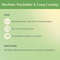 Instructional graphic with a green gradient background lists care directions for your Petora RUB ME MORE Pet Spa Towels Set: machine wash cold with mild detergent, dry on low, avoid fabric softener/bleach, and use both sides for absorption.