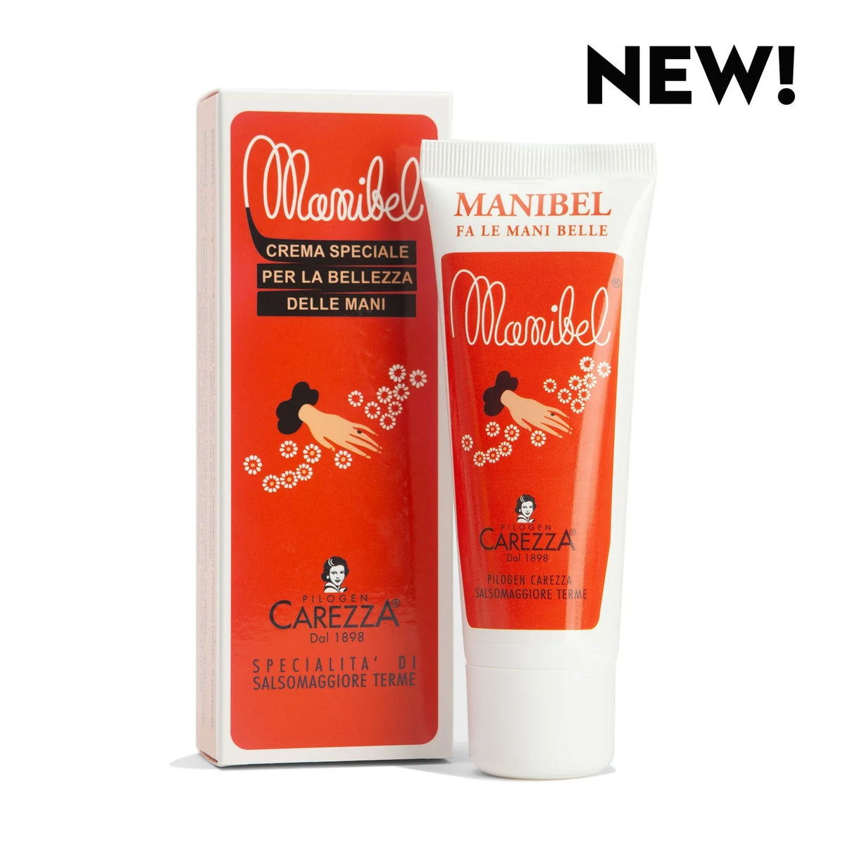 A tube and box of Manibel Satin Rose Hand Cream with an orange and white design. The text on the packaging reads "Crema Speciale per la Bellezza delle Mani" and features a small black-and-white portrait of a person. The word "NEW!" appears in the top right corner, highlighting this nourishing hand cream by Soaps, Soaks & Pampering Products From Around the World.