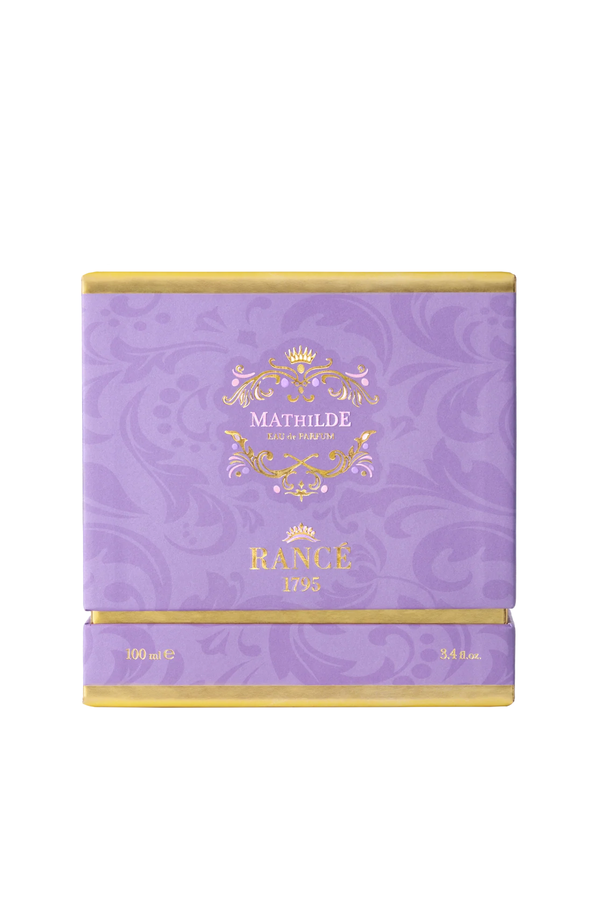 A square, purple luxury box with gold accents displays "Rancé Mathilde Eau de Parfum - 100ml" on the front. The subtle floral pattern hints at its floral woody scent, reflecting the elegance of the Rancé brand.