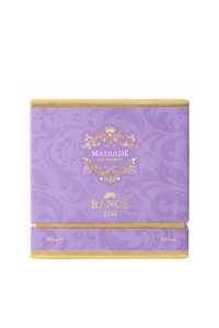 A square, purple luxury box with gold accents displays "Rancé Mathilde Eau de Parfum - 100ml" on the front. The subtle floral pattern hints at its floral woody scent, reflecting the elegance of the Rancé brand.