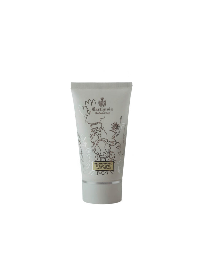 A tube of Carthusia Mediterraneo Hand Cream by Carthusia I Profumi de Capri against a plain white background. The tube is white with a decorative label featuring a plant motif and text.