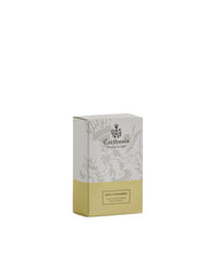 A rectangular box of Carthusia Mediterraneo Bath Soap by Carthusia I Profumi de Capri, with a light gray and yellow design featuring the brand logo and text on the front, stands upright against a plain white background.