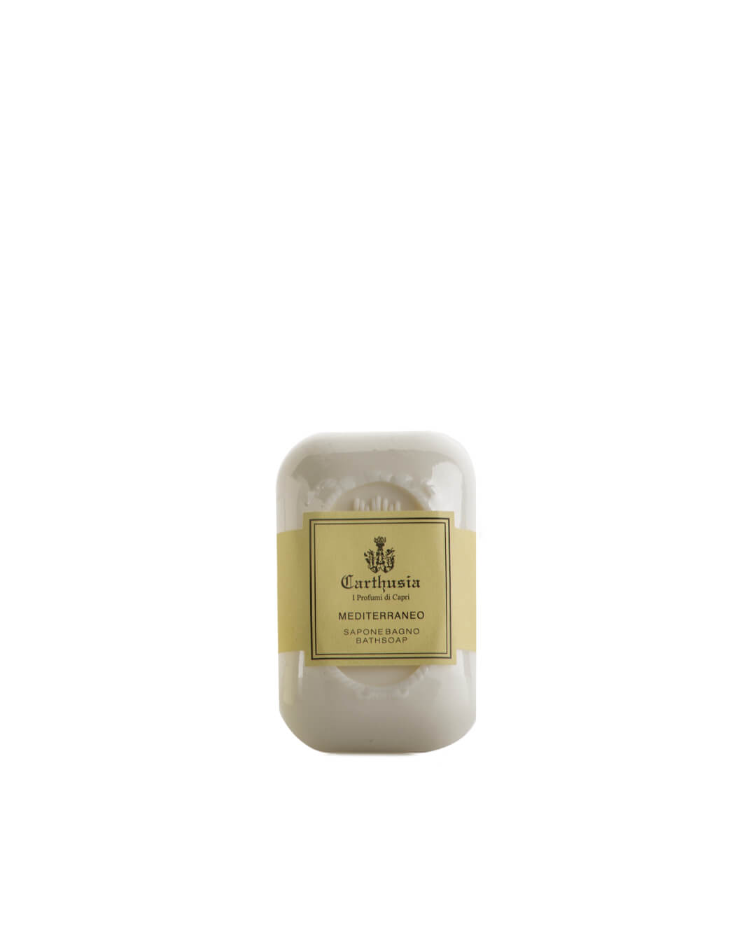 The Carthusia Mediterraneo Bath Soap by Carthusia I Profumi de Capri is a rectangular white bar with rounded edges, wrapped in clear plastic and labeled pale yellow, offering gentle cleansing against a plain white background.