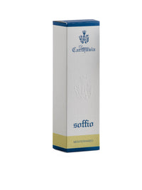 A rectangular perfume box, predominantly white with blue and gold trim, displaying Carthusia I Profumi de Capri's trademark and the Mediterraneo fragrance name "Soffio Mediterraneo" on the front.