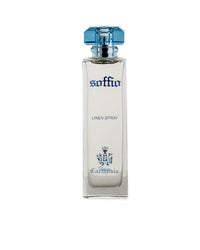A tall, rectangular glass bottle of Carthusia I Profumi de Capri's Mediterraneano linen spray with a blue cap, labeled in elegant script, positioned against a white background.