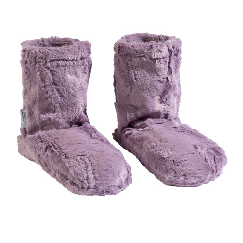 A pair of Sonoma Lavender Elderberry Spa Booties isolated on a white background. The boots appear soft and warm, ideal for indoor use.