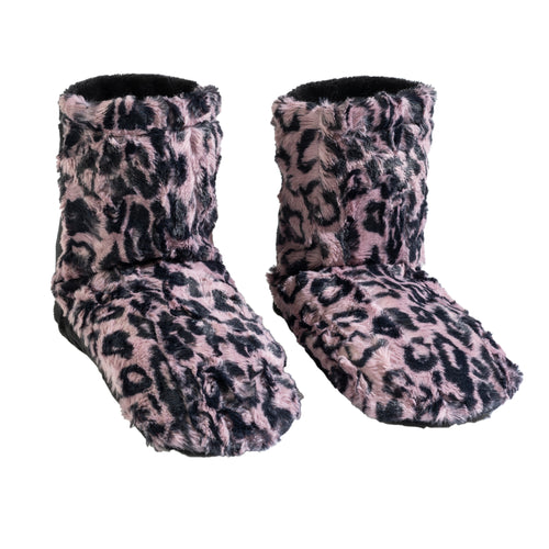 Sentence with revised product name and brand name: A pair of plush Sonoma Lavender Spa Booties with a pink and black leopard print, designed for indoor use with soothing effects of lavender, isolated on a white background.