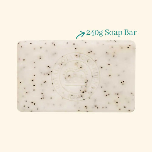 A rectangular, white vegan soap bar with dark speckles and a circular embossed logo in the center. Text above says “240g Soap Bar.” Set on a light beige background—ideal for fans of The English Soap Co. Kew Gardens Lemongrass & Lime Soap.
