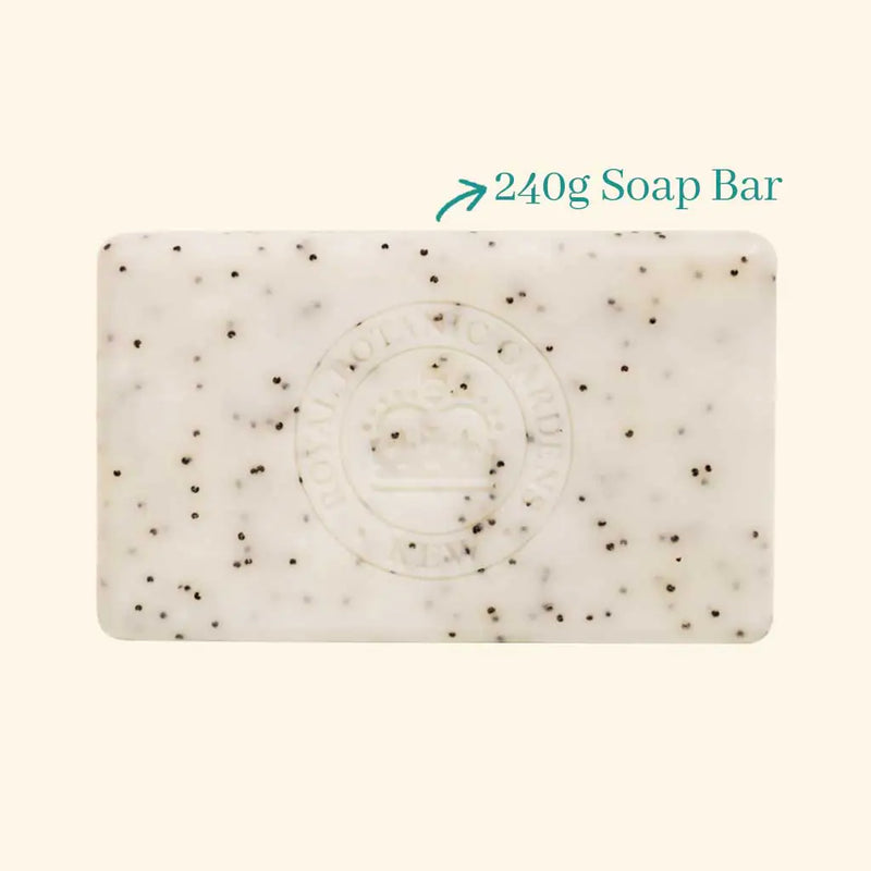A rectangular, white vegan soap bar with dark speckles and a circular embossed logo in the center. Text above says “240g Soap Bar.” Set on a light beige background—ideal for fans of The English Soap Co. Kew Gardens Lemongrass & Lime Soap.