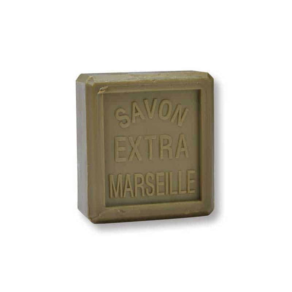 A square, olive-green La Lavande Traditional Olive Oil Marseille Soap 150g bar with "SAVON EXTRA MARSEILLE" embossed on the front, photographed against a plain white background.