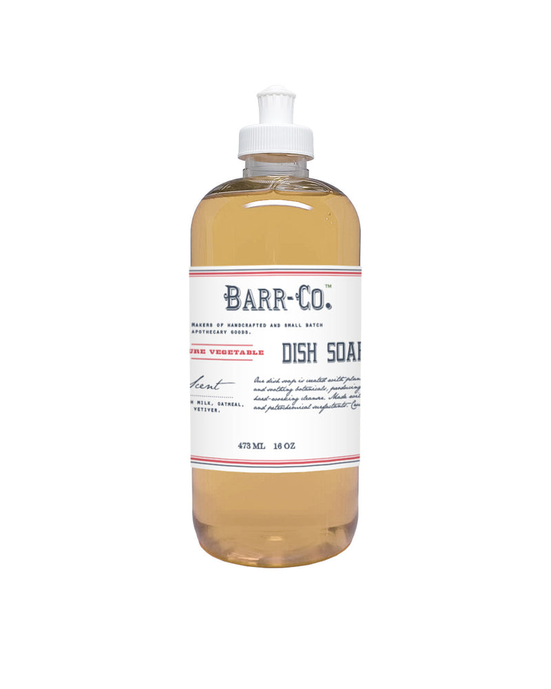 A clear plastic bottle of Barr-Co. Original Scent Dish Soap with a white flip-top cap, showing yellow liquid inside and labeled in a vintage style with red and black text.