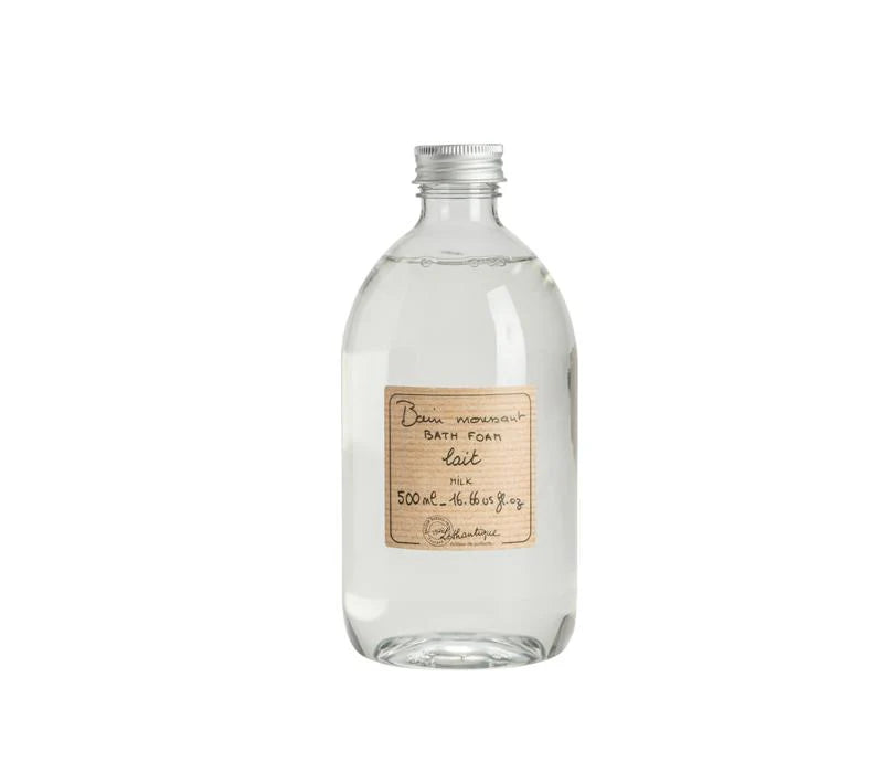 Lothantique’s Milk Foam Bath comes in a clear glass bottle with a vintage label, offering 500 mL of paraben-free, luxurious bath foam—perfect for an indulgent soak.