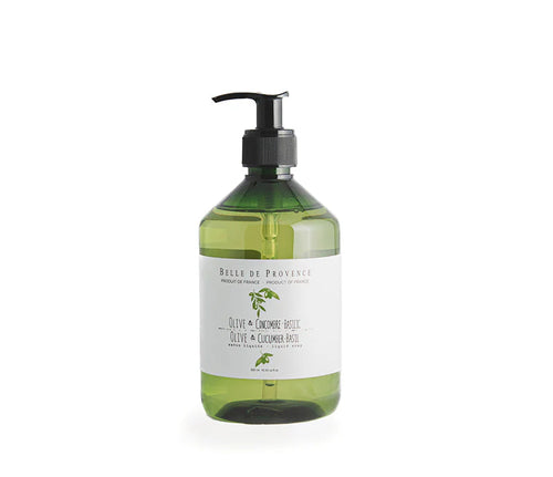 A green plastic pump bottle labeled "Belle de Provence" by Lothantique contains Olive & Cucumber-Basil Liquid Soap, with a white and green label featuring small olive and cucumber slice illustrations.