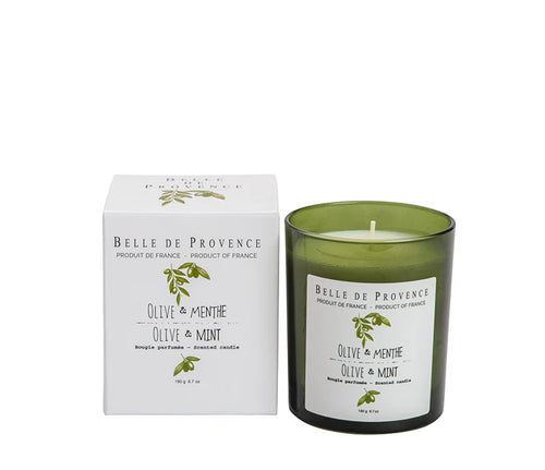The Lothantique Belle de Provence Olive & Mint 190g scented candle comes in a green glass jar and white box, both with olive branch designs. This fresh Provence-inspired candle adds an uplifting touch to any room.