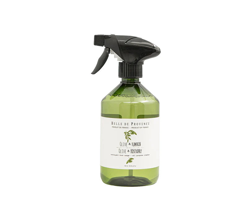 Belle de Provence Olive & Rosemary All Purpose Cleaner comes in a green spray bottle with a black trigger and white label featuring an olive branch—ideal for eco-conscious households seeking natural origin ingredients.