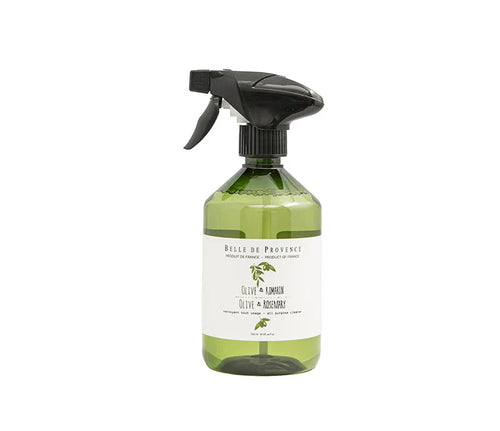Belle de Provence Olive & Rosemary All Purpose Cleaner comes in a green spray bottle with a black trigger and white label featuring an olive branch—ideal for eco-conscious households seeking natural origin ingredients.