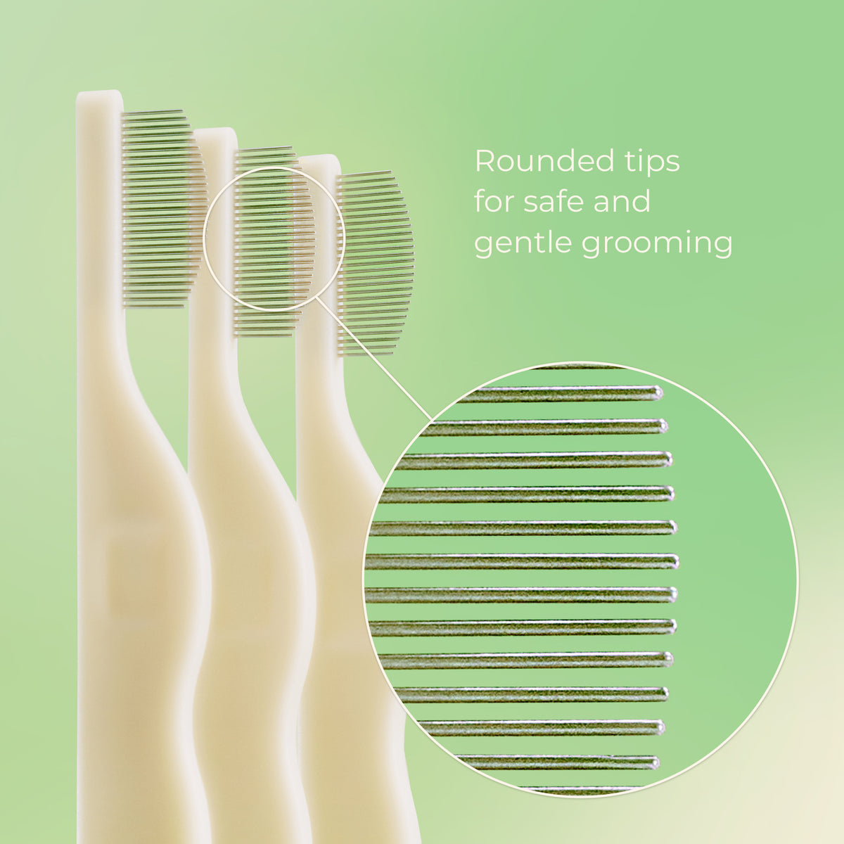 Three Petora BRUSH ON ME Pet Facial & Eye Combs by Petora are lined up on a green background. A magnified inset highlights their metal teeth's rounded tips, showing text: "Rounded tips for safe and gentle grooming.