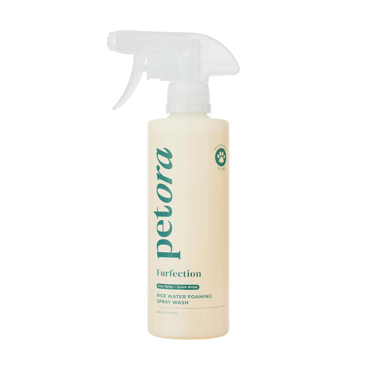 A beige bottle of Petora FURFECTION Rice Water Paw & Facial Shampoo with a clear nozzle. The green and white label has pet graphics, designed for gentle cleansing—ideal for pets with sensitive skin.