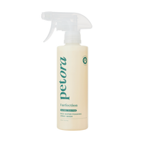 A beige bottle of Petora FURFECTION Rice Water Paw & Facial Shampoo with a clear nozzle. The green and white label has pet graphics, designed for gentle cleansing—ideal for pets with sensitive skin.