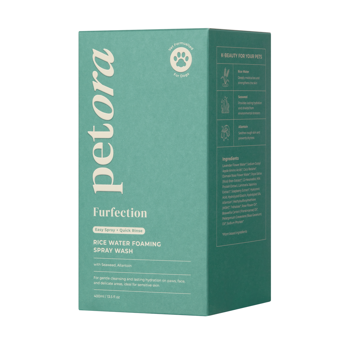 A teal box of Petora FURFECTION Rice Water Paw & Facial Shampoo for pets, with product details, gentle cleansing benefits for sensitive skin, and a full ingredients list on the front and side panels.