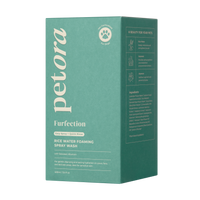 A teal box of Petora FURFECTION Rice Water Paw & Facial Shampoo for pets, with product details, gentle cleansing benefits for sensitive skin, and a full ingredients list on the front and side panels.
